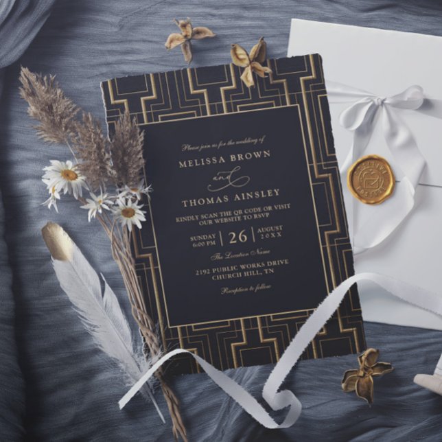 Luxury Black & Gold Art Deco QR Code Wedding Invitation (Creator Uploaded)