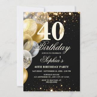 Luxury Black Gold Balloon Glitter Any Age Birthday Invitation