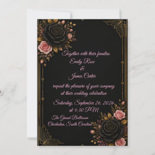 Luxury Black Gold & Blush Rose Wedding Invitation
