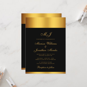 Luxury Black Gold Border Monogram Wedding Invitation
