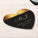 Luxury Black Gold Border Monogram Wedding Paper Coaster<br><div class="desc">These elegant custom wedding paper coasters feature an elegant faux gold calligraphy script for your monogrammed initials, names, and wedding date to personalise on a simple black background with faux gold border at the top and bottom of the design. Best of wishes for your wedding and marriage! Designed by Susan...</div>