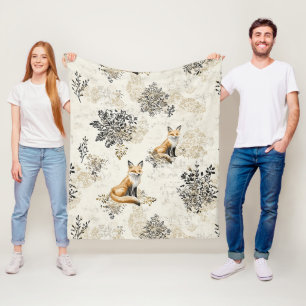 Luxury Black & Gold Botanical Fox Art (1) Fleece Blanket