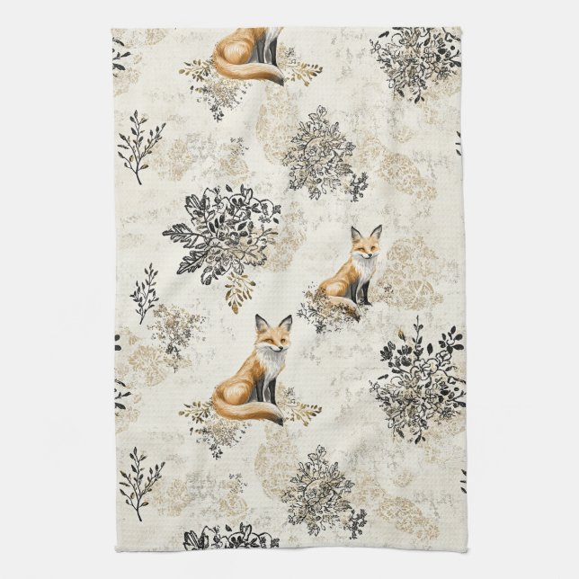 Luxury Black & Gold Botanical Fox Art (1) Tea Towel (Vertical)