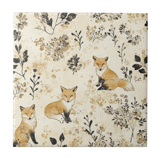 Luxury Black & Gold Botanical Fox Art (3) Ceramic Tile (Front)