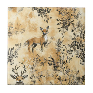 Luxury Black & Gold Botanical Fox Art (5) Ceramic Tile