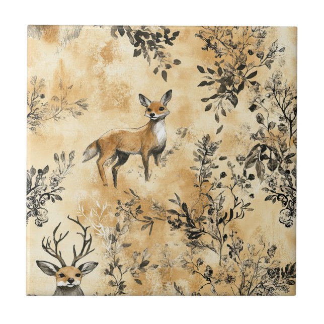 Luxury Black & Gold Botanical Fox Art (5) Ceramic Tile (Front)