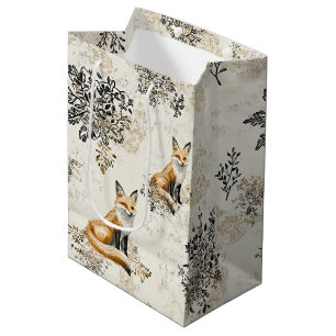 Luxury Black & Gold Botanical Fox Art Medium Gift Bag