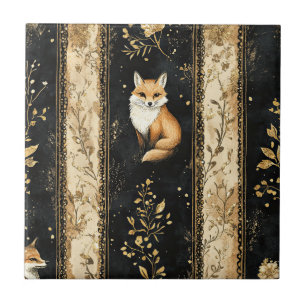 Luxury Black & Gold Botanical Fox Pattern (1) Ceramic Tile