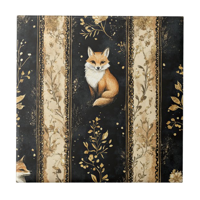Luxury Black & Gold Botanical Fox Pattern (1) Ceramic Tile (Front)