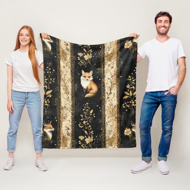 Luxury Black & Gold Botanical Fox Pattern (1) Fleece Blanket (In Situ)