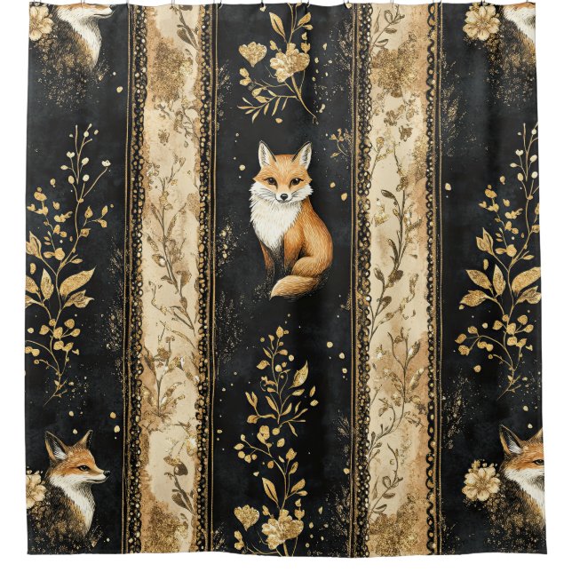 Luxury Black & Gold Botanical Fox Pattern (1) Shower Curtain (Front)