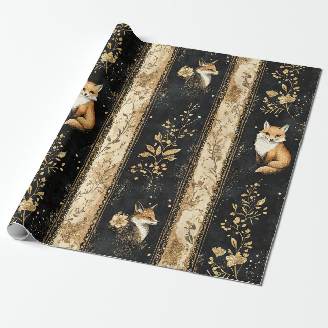 Luxury Black & Gold Botanical Fox Pattern (1) Wrapping Paper (Unrolled)