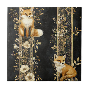 Luxury Black & Gold Botanical Fox Pattern (2) Ceramic Tile