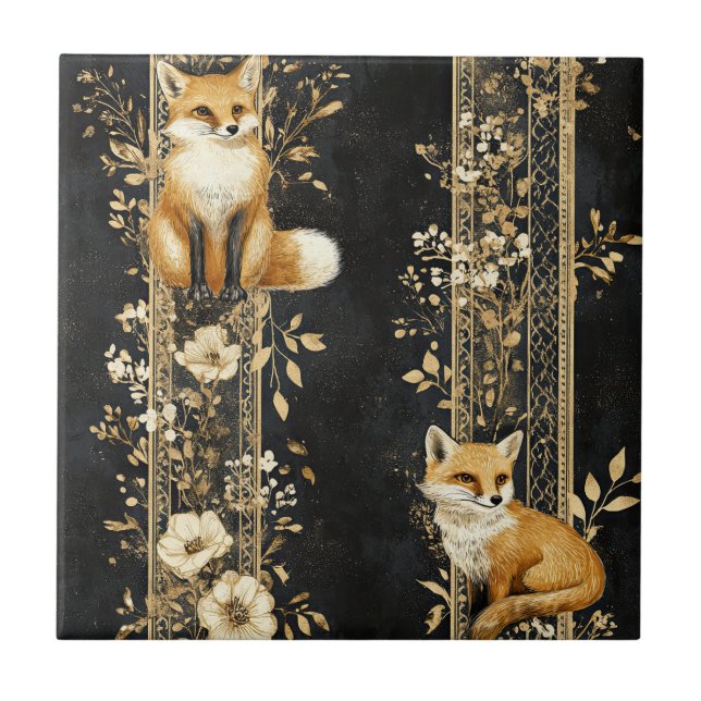 Luxury Black & Gold Botanical Fox Pattern (2) Ceramic Tile (Front)