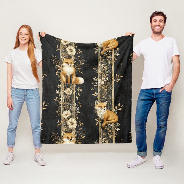 Luxury Black & Gold Botanical Fox Pattern (2) Fleece Blanket (In Situ)