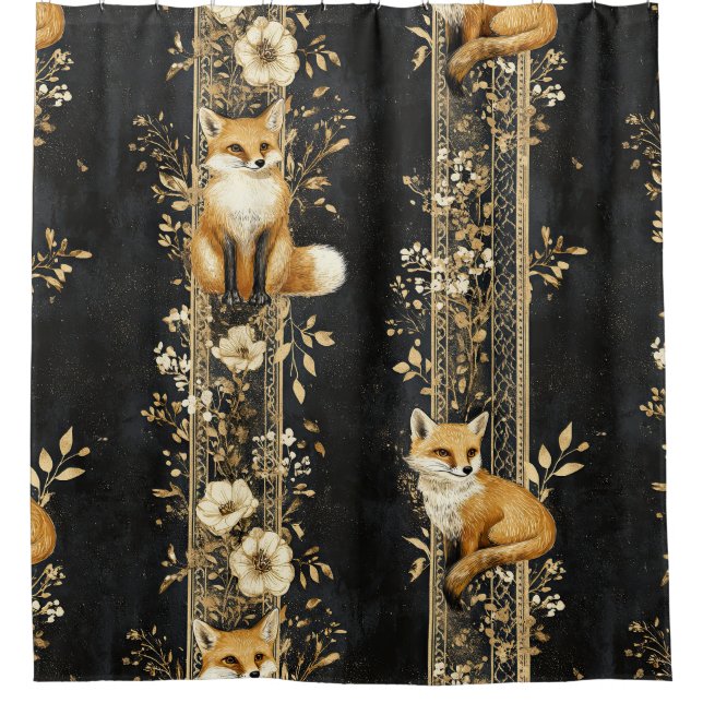 Luxury Black & Gold Botanical Fox Pattern (2) Shower Curtain (Front)