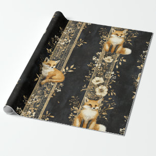 Luxury Black & Gold Botanical Fox Pattern (2) Wrapping Paper