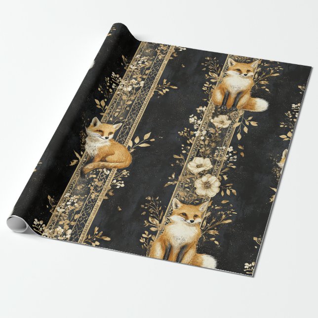Luxury Black & Gold Botanical Fox Pattern (2) Wrapping Paper (Unrolled)