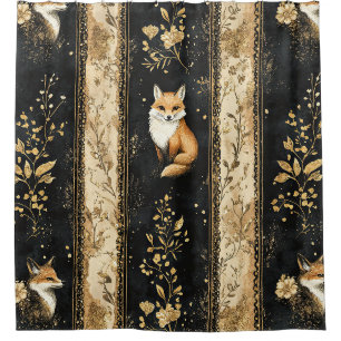 Luxury Black & Gold Botanical Fox Pattern Shower Curtain