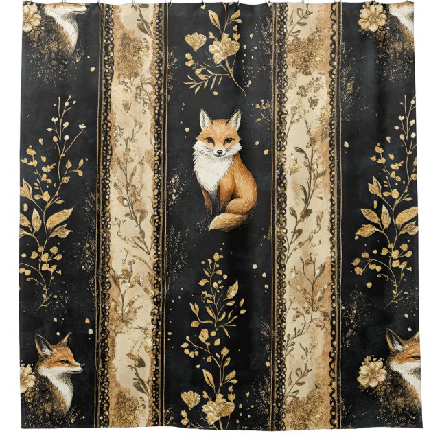 Luxury Black & Gold Botanical Fox Pattern Shower Curtain (Front)