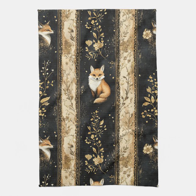 Luxury Black & Gold Botanical Fox Pattern Tea Towel (Vertical)