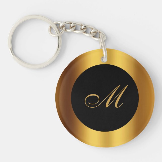Luxury Black Gold Calligraphy Border Monogram Key Ring (Front)