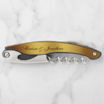Luxury Black Gold Calligraphy Border Wedding Corkscrew<br><div class="desc">This custom luxury wedding corkscrew for newlyweds features a black calligraphy script typography with the bride's and groom's names and wedding date to personalise on a shiny faux gold background. Designed by Susan Coffey.</div>