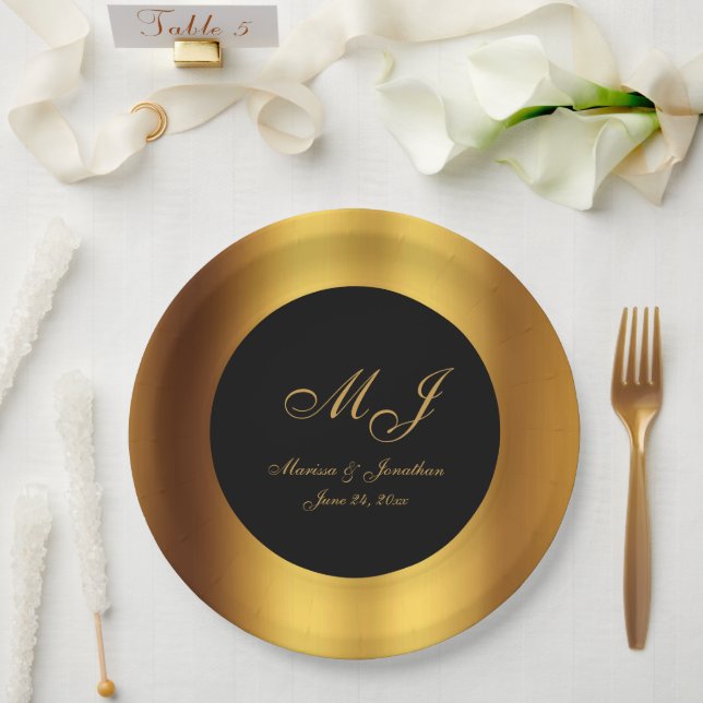 Luxury Black Gold Calligraphy Border Wedding Paper Plate (Wedding)