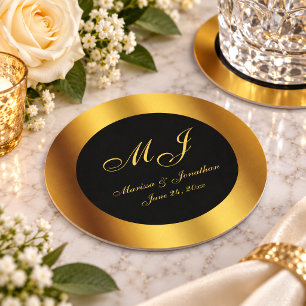 Luxury Black Gold Calligraphy Border Wedding Round Paper Coaster