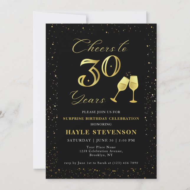 Luxury Black Gold Confetti Cheers to 30th Birthday Invitation (Front)
