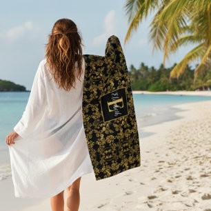 Luxury Black & Gold Damask Botanical Personalised Beach Towel