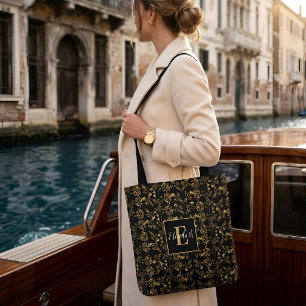 Luxury Black & Gold Damask Floral Chic Custom Name Tote Bag