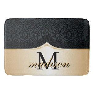Luxury Black Gold Damask Floral Pattern Elegant  Bath Mat