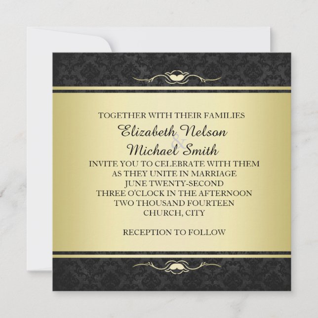 Luxury Black/Gold Damask Wedding Invite (Front)