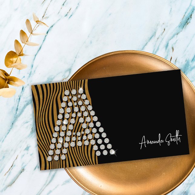 Luxury Black Gold Diamond Social Media Monogram Business Card (Front)