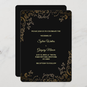 Luxury Black & Gold Elegant Floral Modern Bohemian Invitation