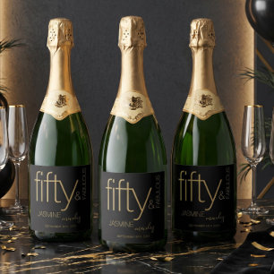 Luxury Black Gold Fifty and Fabulous Birthday Sparkling Wine Label
