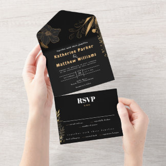 Luxury Black & Gold Floral minimalist Elegant All In One Invitation