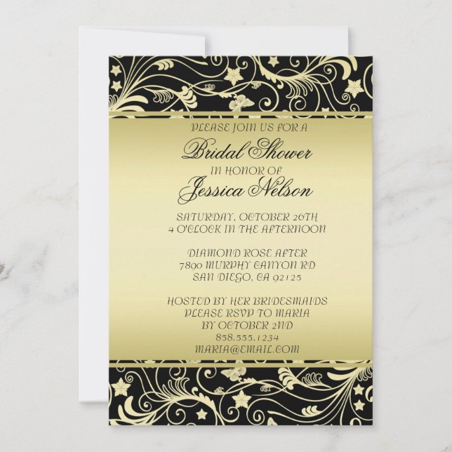 Luxury Black Gold Floral Swirls Shower Invite (Front)