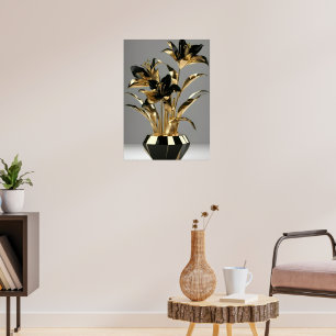 Luxury Black & Gold Floral Vase Wall Art Poster   
