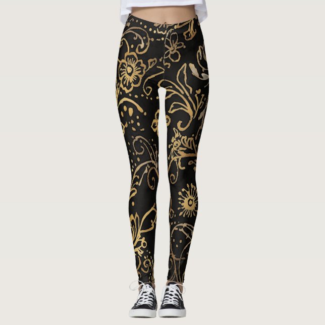 Luxury, Black Gold Flowers Pattern Leggings (Front)