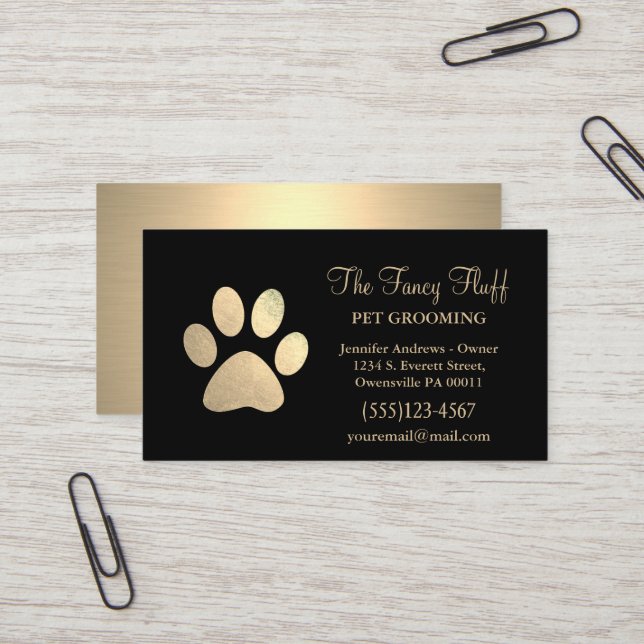 Luxury Black Gold Foil Dog Paw Grooming Service Business Card (Front/Back In Situ)