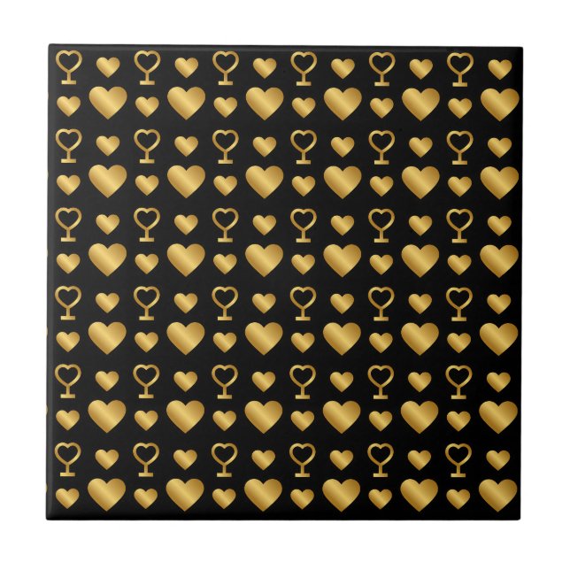 Luxury Black Gold Foil Hearts  Ceramic Tile (Front)