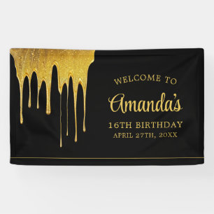Luxury Black & Gold Glitter Drip Sweet 16 Birthday Banner