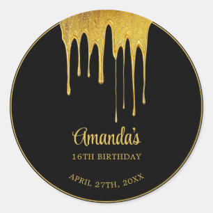Luxury Black & Gold Glitter Drip Sweet 16 Birthday Classic Round Sticker