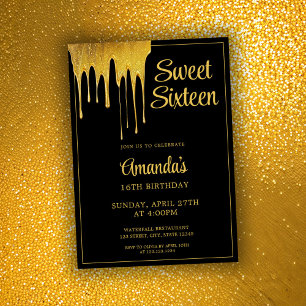 Luxury Black & Gold Glitter Drip Sweet 16 Birthday Invitation
