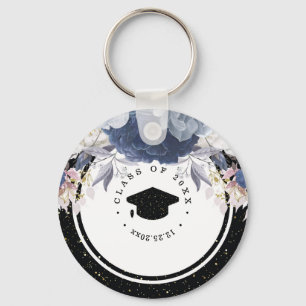 Luxury Black Gold Glitter Floral Graduation Key Ring