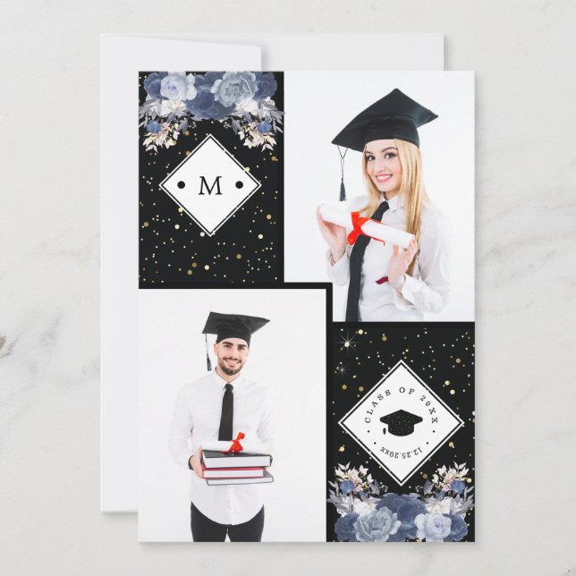 Luxury Black Gold Glitter Floral Graduation Photo Announcement (Front)