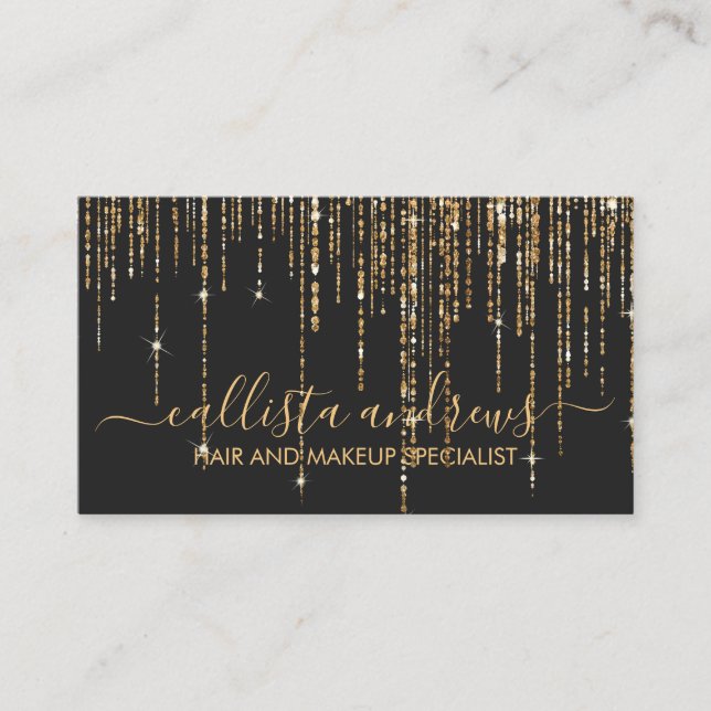 Luxury Black Gold Glitter Fringe Curtain Business Card (Front)