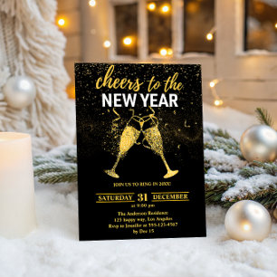 Luxury Black & Gold Glitter New Year’s Eve Party Invitation